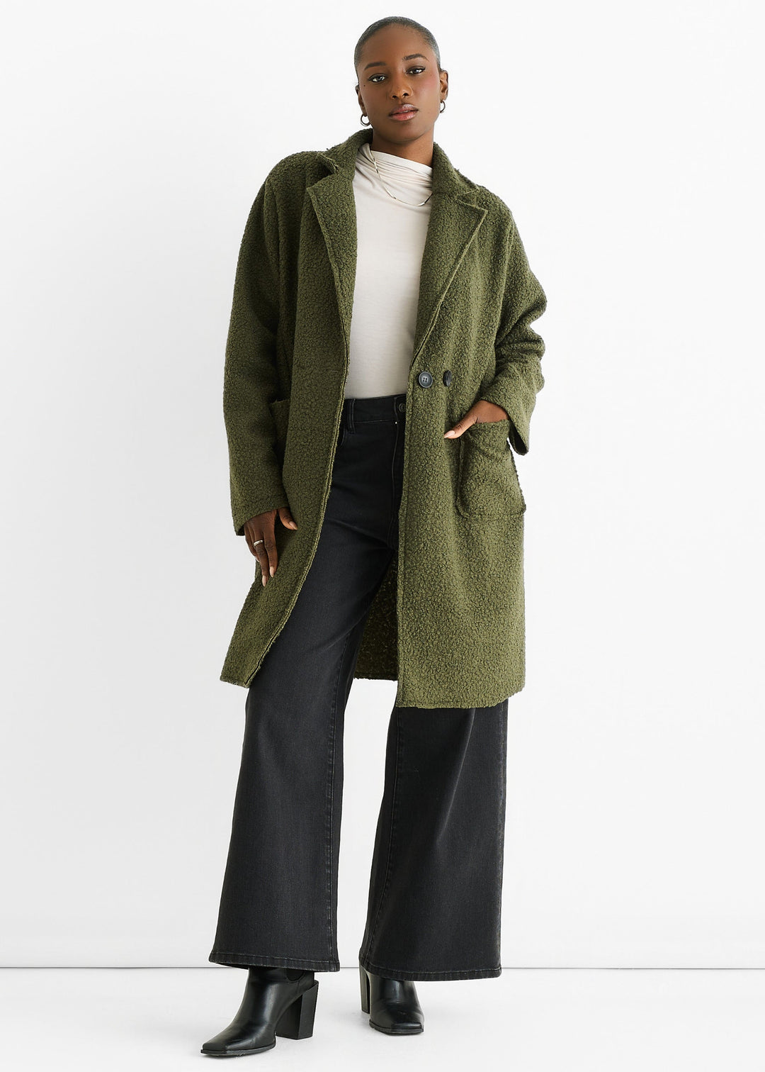 Khaki Shearling Mid Length Double Breasted Jacket - jqwholesale.com