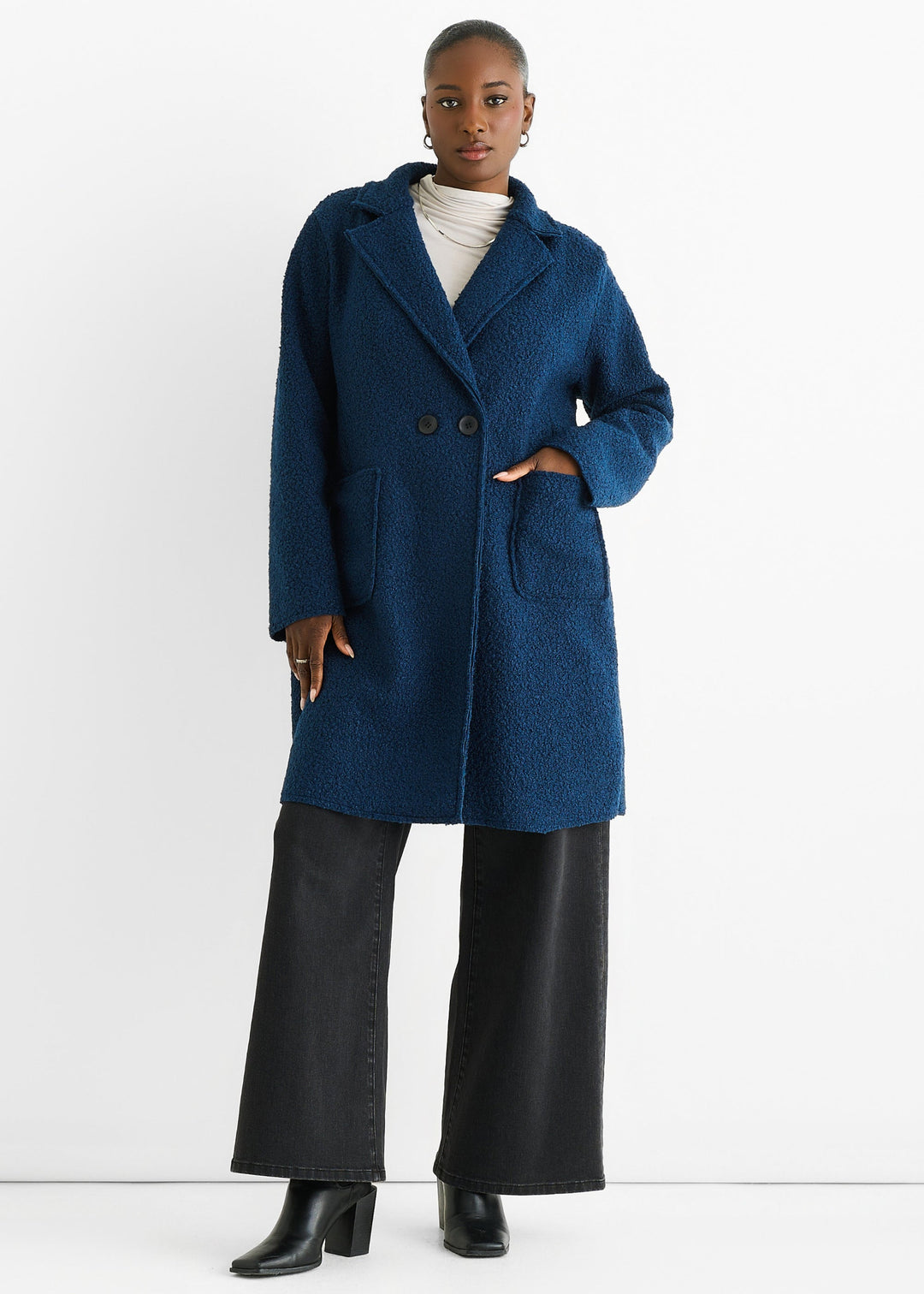 Navy Shearling Mid Length Double Breasted Jacket - jqwholesale.com