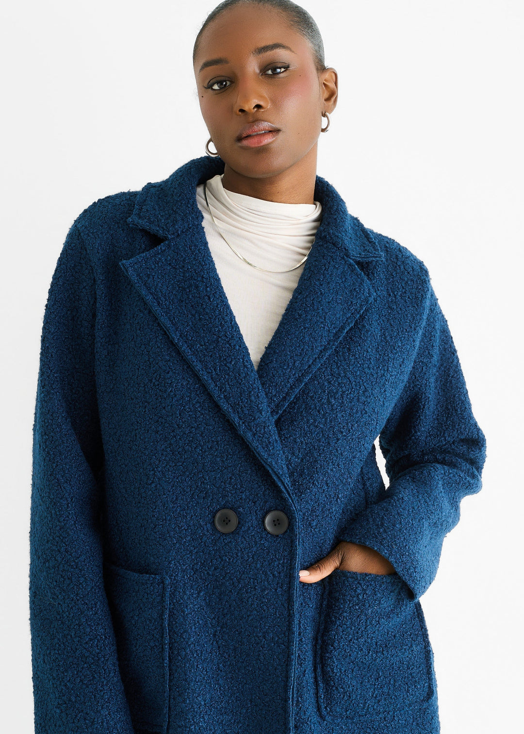 Navy Shearling Mid Length Double Breasted Jacket - jqwholesale.com