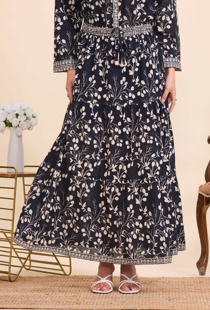 Long cotton skirt with floral print - Black