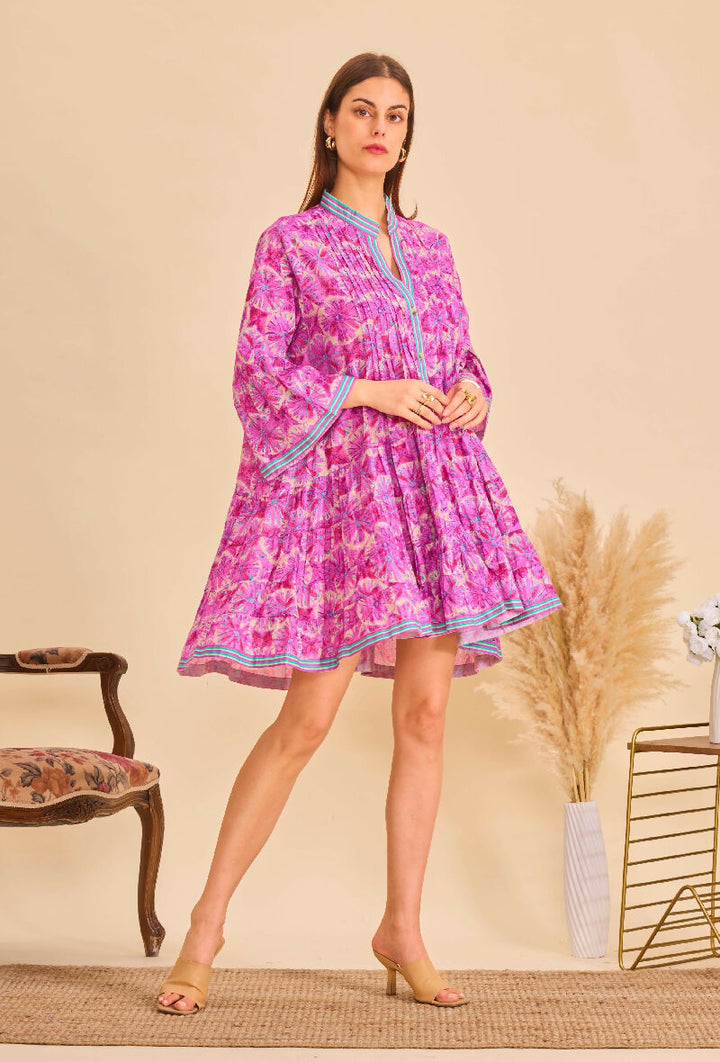 Short A-line dress in printed cotton- Pink