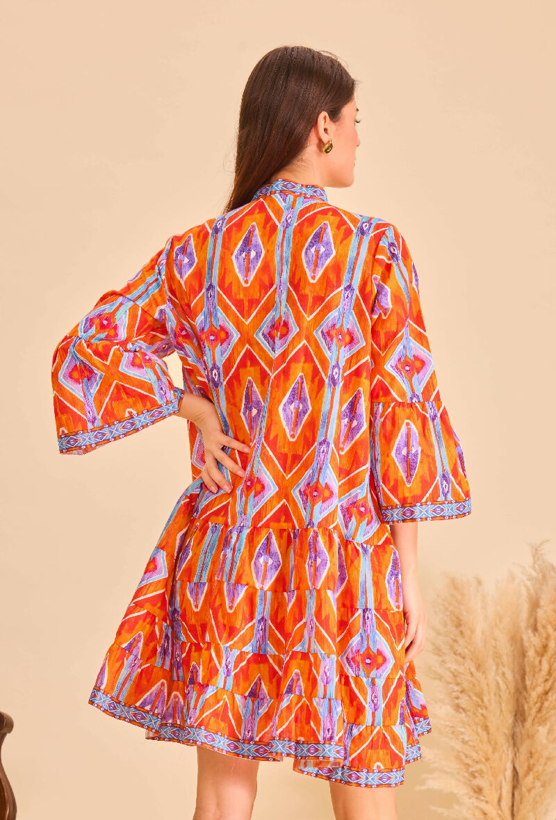 Short A-line dress in printed cotton- Orange