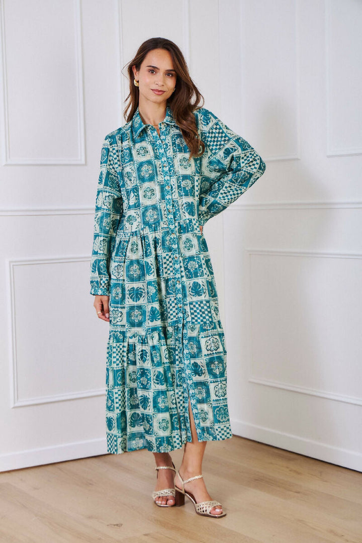 Mid-length cotton shirt dress - Green