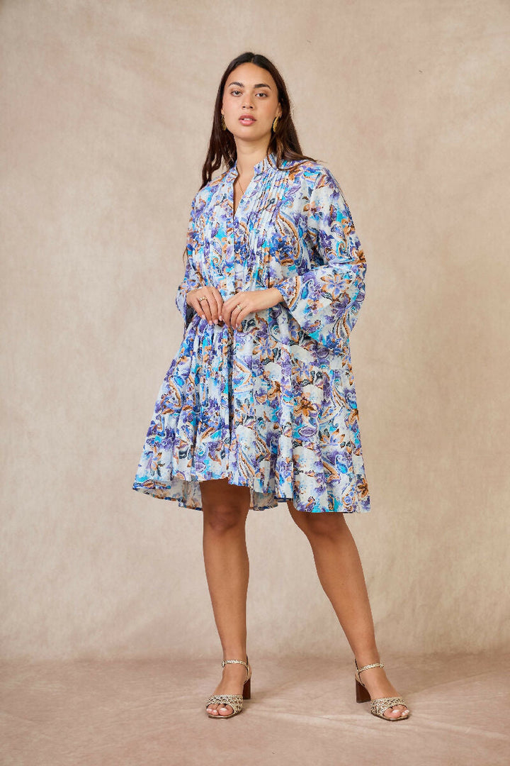 Short A-line dress in printed cotton- Purpel