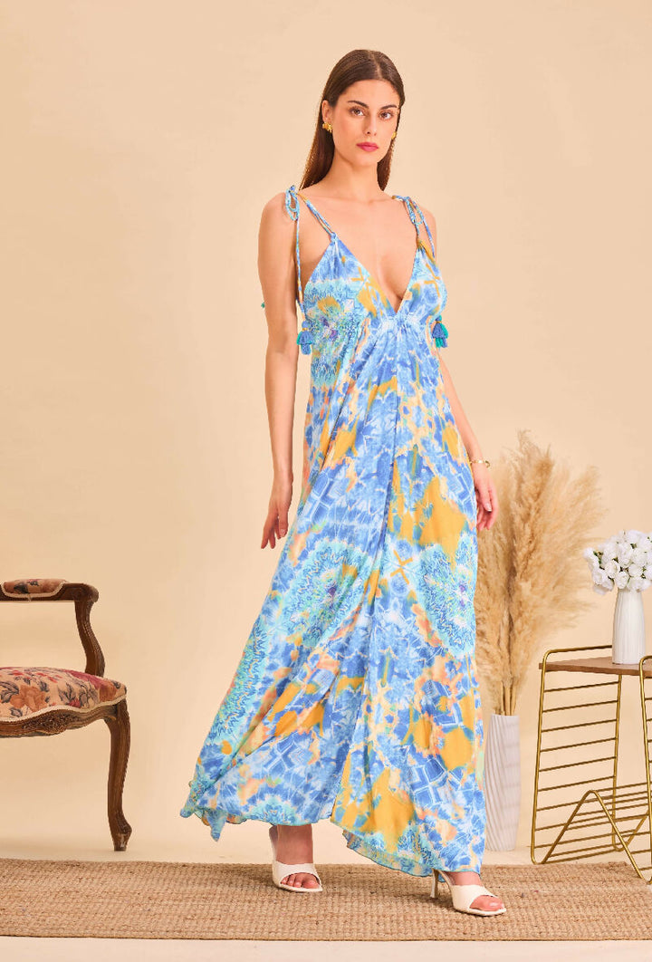 Long bohemian silk backless dress - Sky bleu
