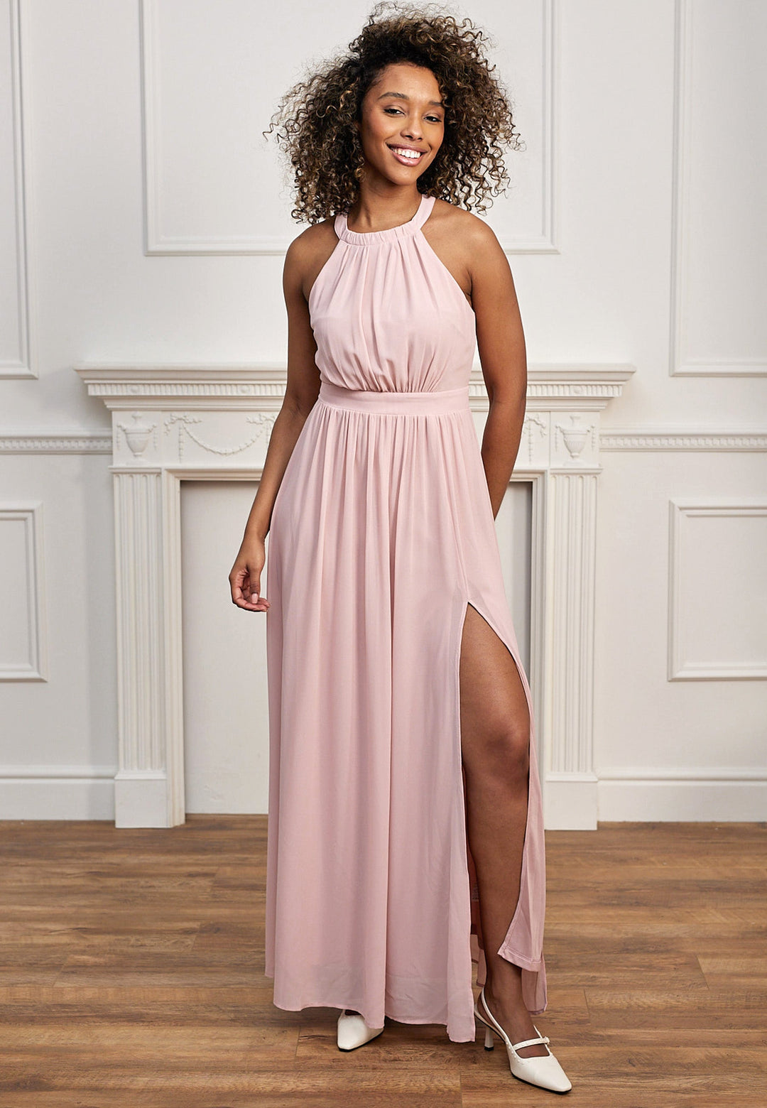 Halter Neck Maxi Dress With Leg Slit In Pink - jqwholesale.com