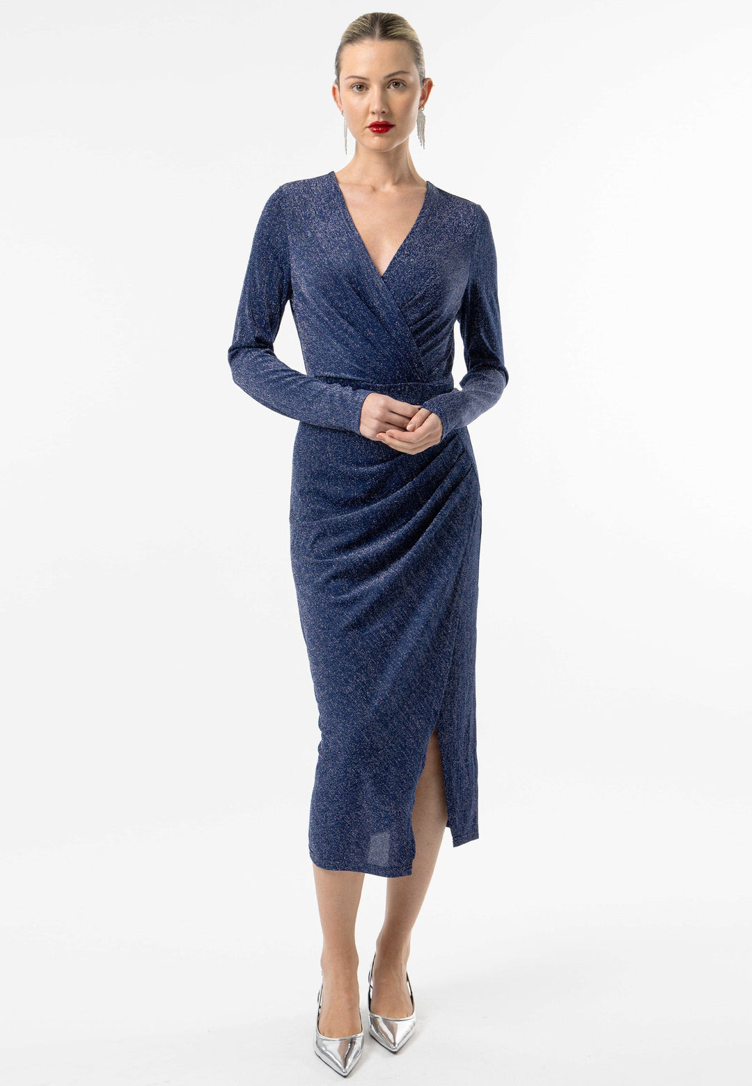 (5p. Pack) Metallic Long Sleeve Faux Wrap Midi Dress - jqwholesale.com