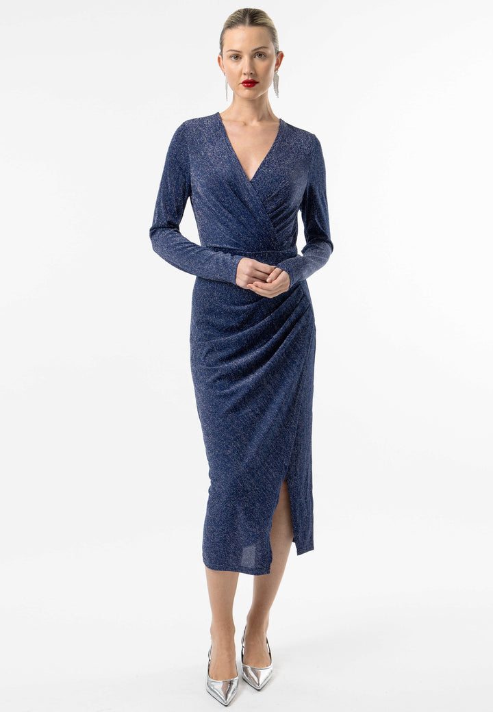 (5p. Pack) Metallic Long Sleeve Faux Wrap Midi Dress - jqwholesale.com