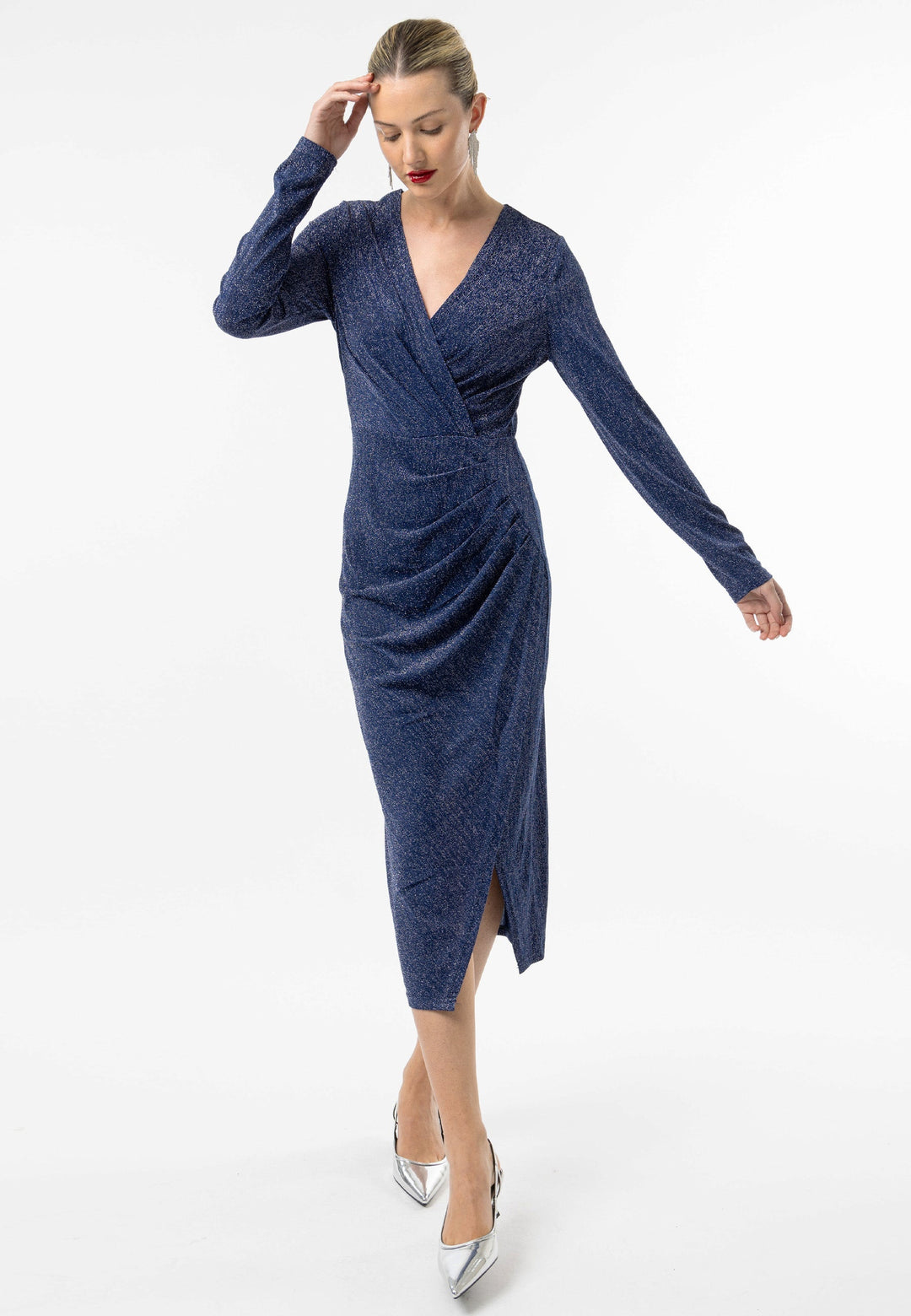 (5p. Pack) Metallic Long Sleeve Faux Wrap Midi Dress - jqwholesale.com