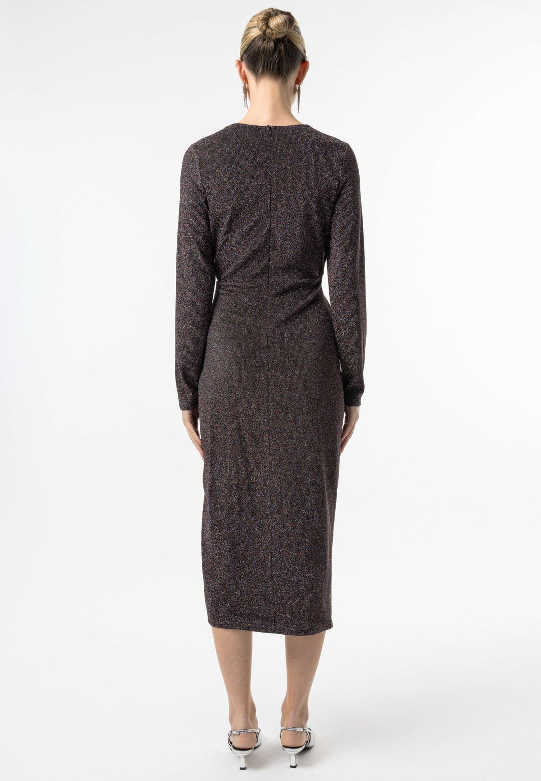 (5p. Pack) Metallic Long Sleeve Faux Wrap Midi Dress - jqwholesale.com
