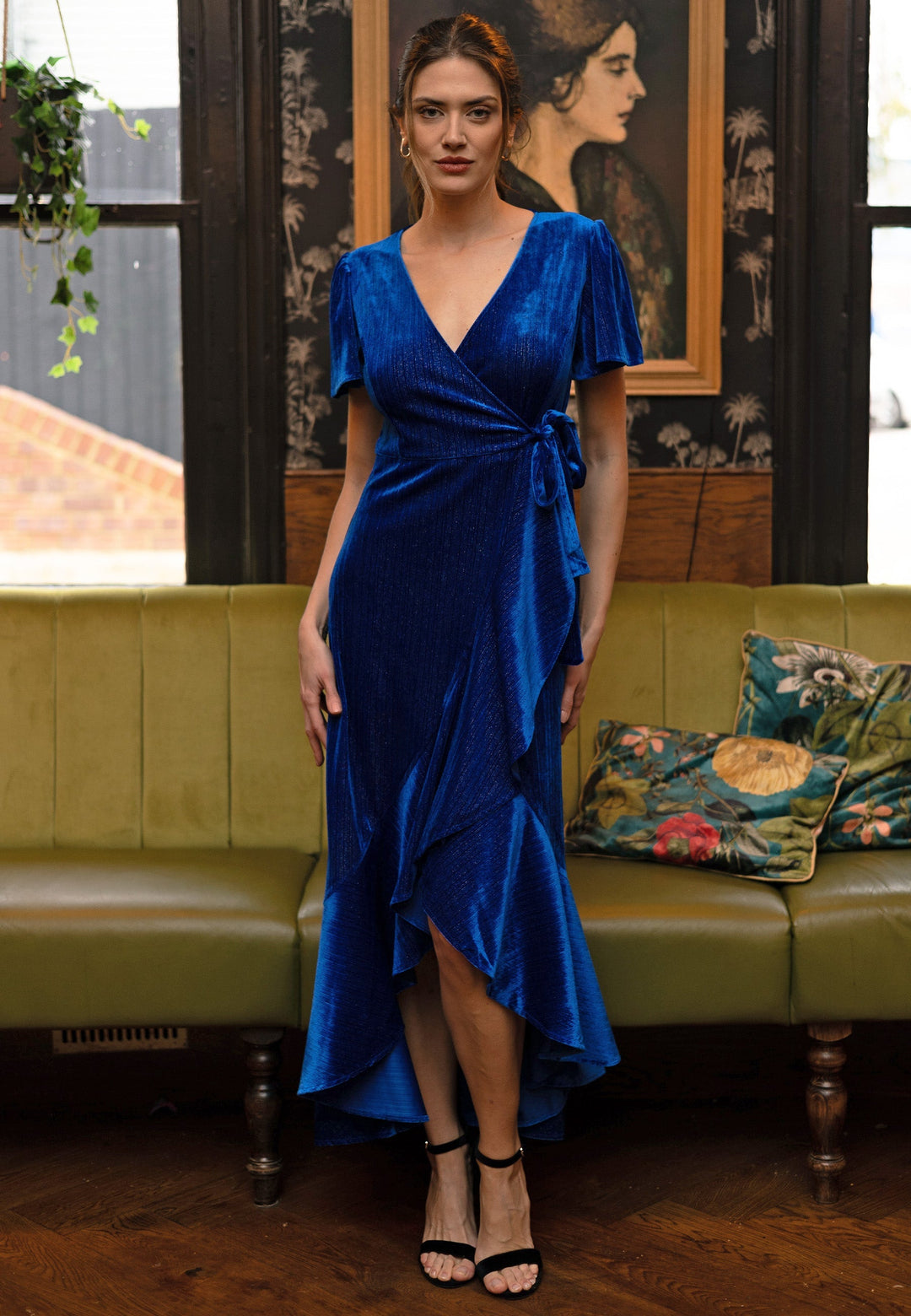 (5P. PACK) Glitter Velvet Wrap Dress with Ruffle Hem - jqwholesale.com