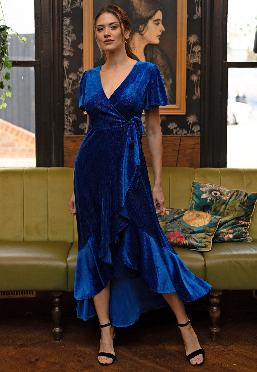 (5P. PACK) Glitter Velvet Wrap Dress with Ruffle Hem - jqwholesale.com