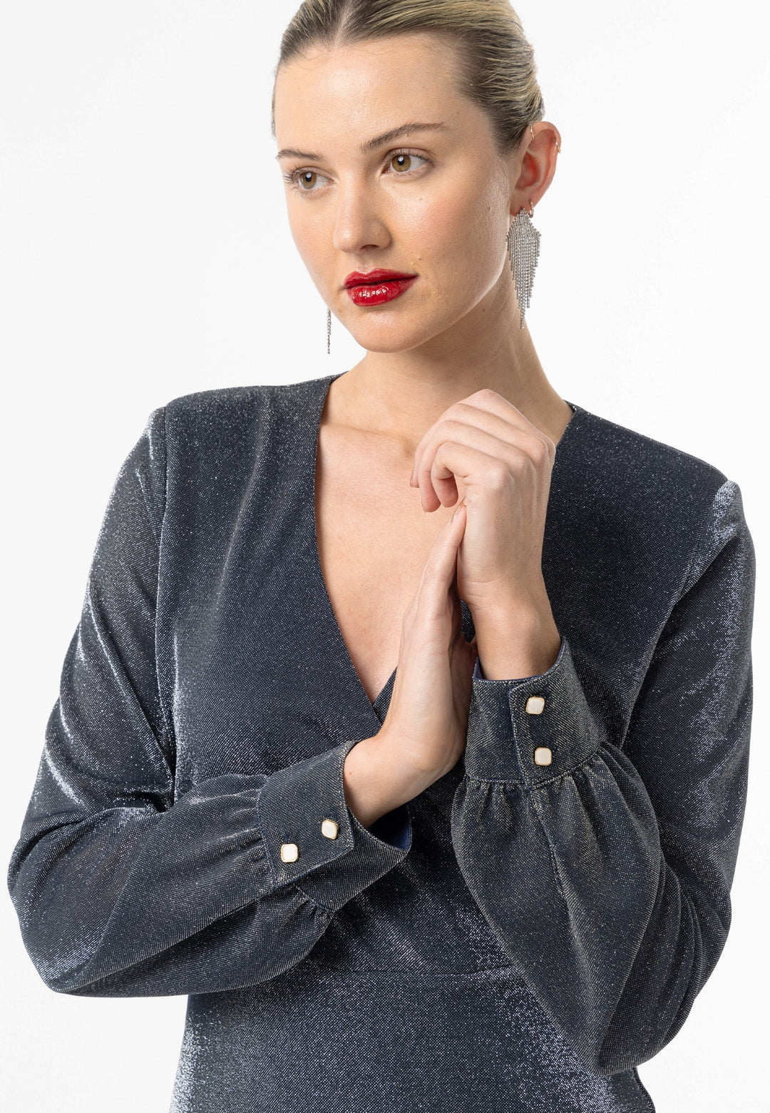 (5P. PACK) Metallic Long Sleeve Faux Wrap Mini Dress - jqwholesale.com