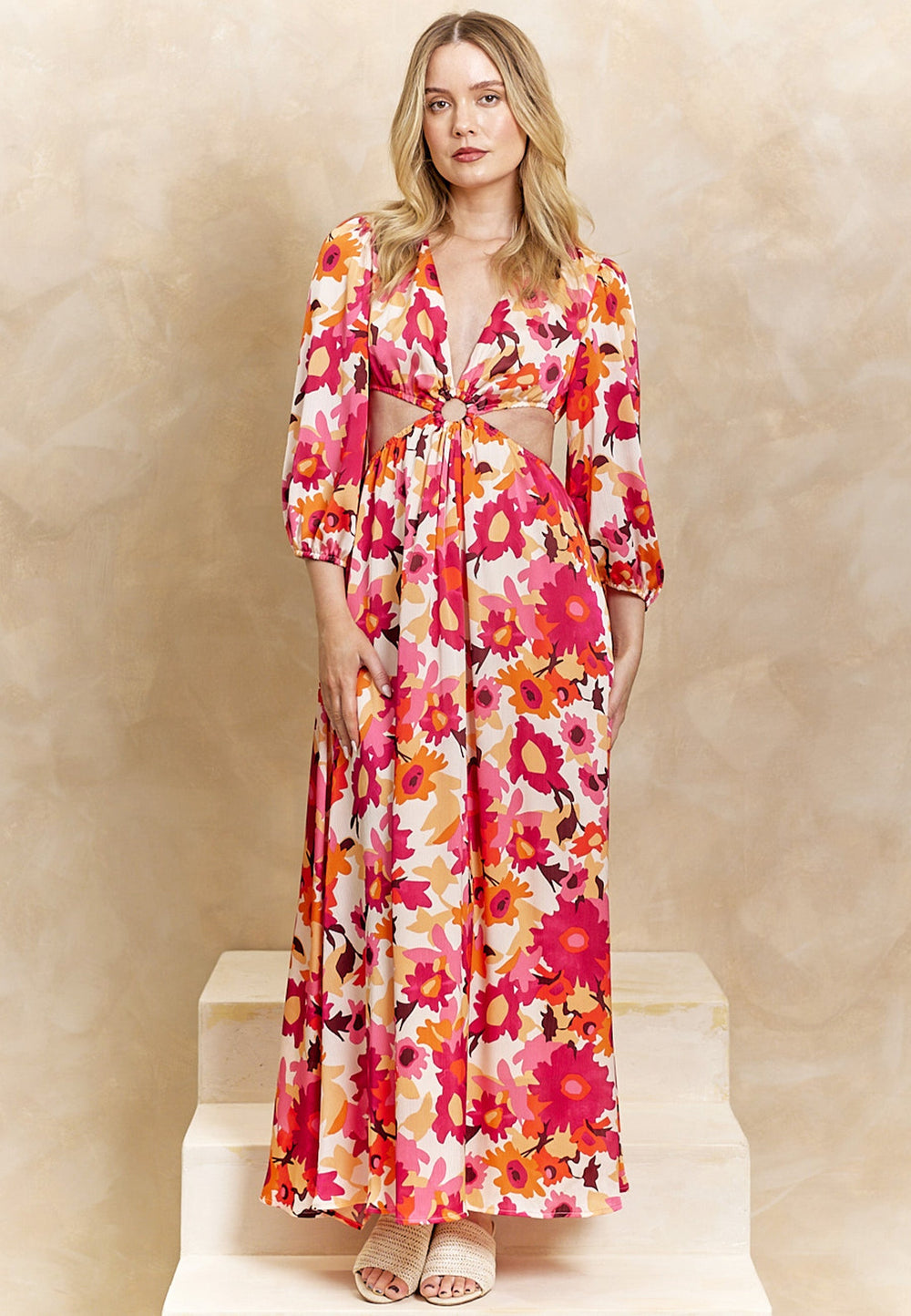 (5P.PACK) Cut Out Long Sleeve Maxi Dress in Pink Floral Print - jqwholesale.com