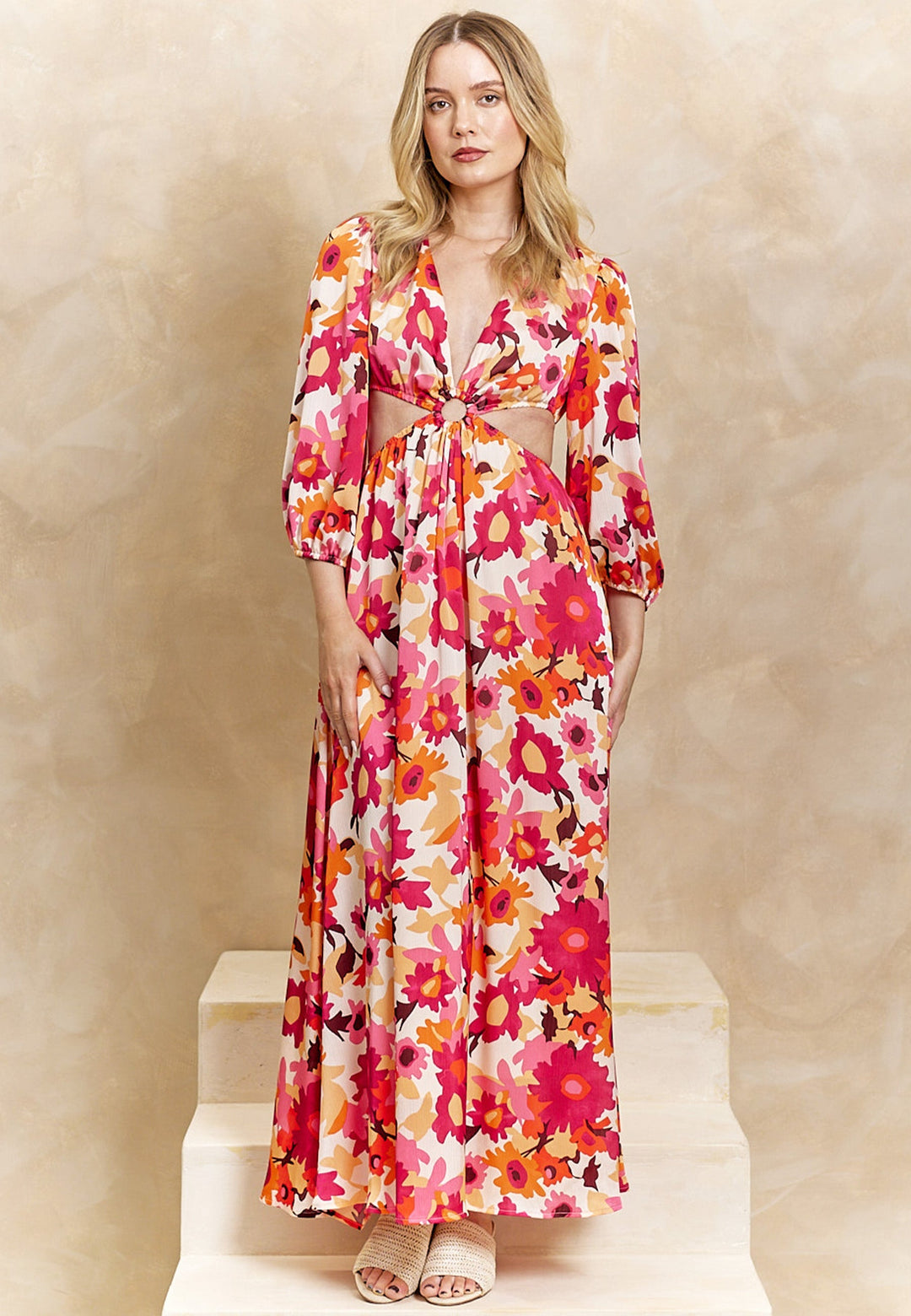 (5P.PACK) Cut Out Long Sleeve Maxi Dress in Pink Floral Print - jqwholesale.com