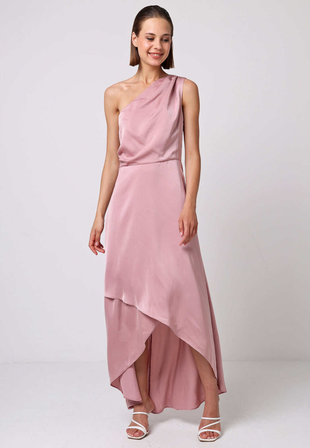(5P. PACK) Satin One Shoulder Midi Dress with Wrap Skirt in Dusty Pink - jqwholesale.com