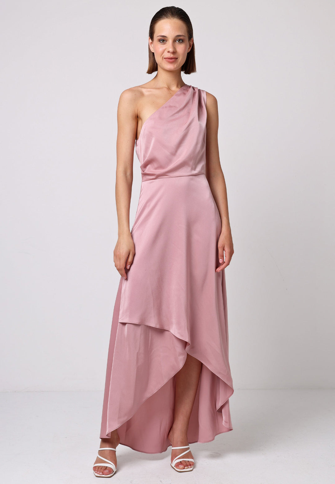 (5P. PACK) Satin One Shoulder Midi Dress with Wrap Skirt in Dusty Pink - jqwholesale.com
