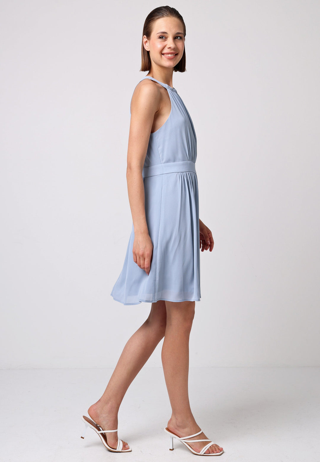 (5P. PACK) Chiffon Halter Neck Mini Dress in Dusty Blue - jqwholesale.com