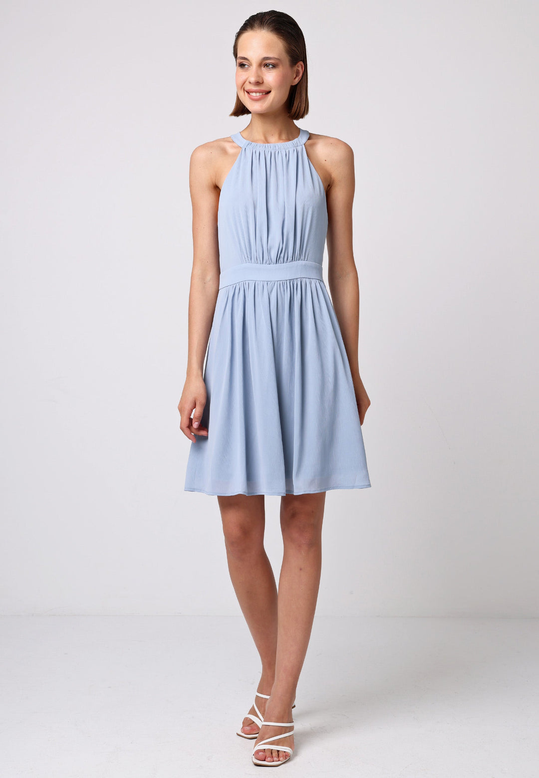 (5P. PACK) Chiffon Halter Neck Mini Dress in Dusty Blue - jqwholesale.com
