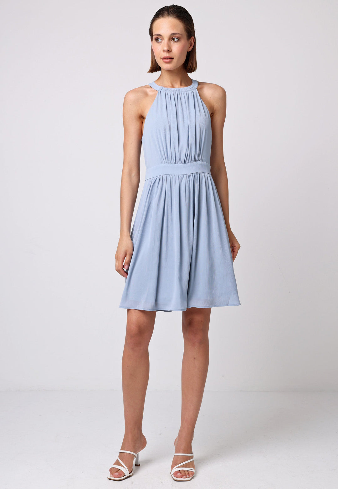 (5P. PACK) Chiffon Halter Neck Mini Dress in Dusty Blue - jqwholesale.com