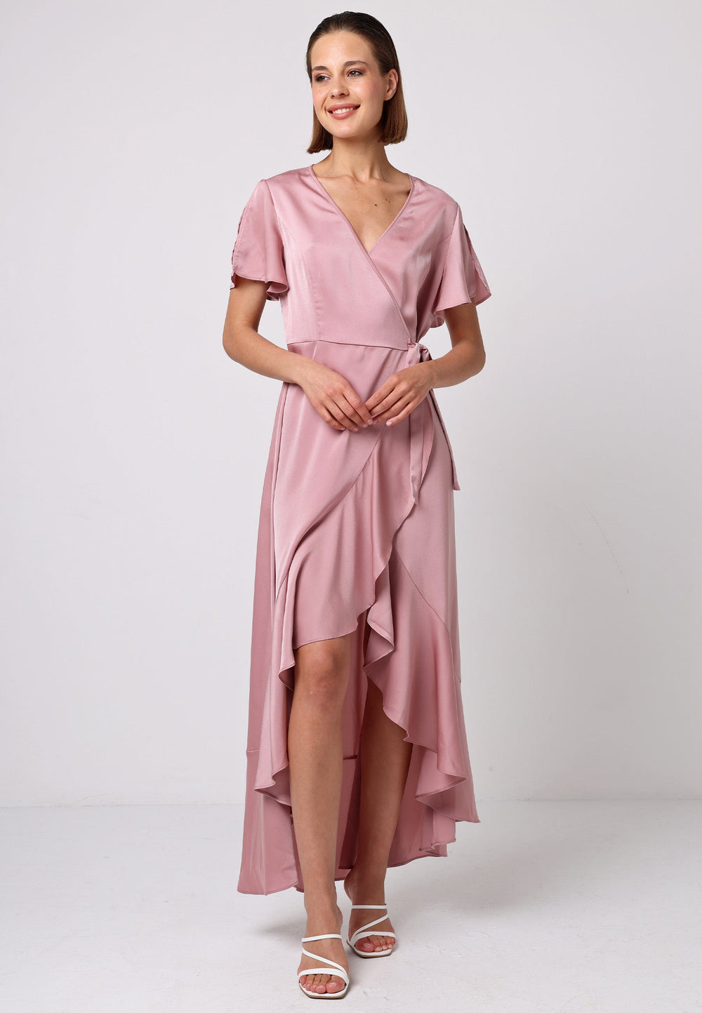 (5P. PACK) Satin Ruffle Wrap Midi Dress in Dusty Pink - jqwholesale.com