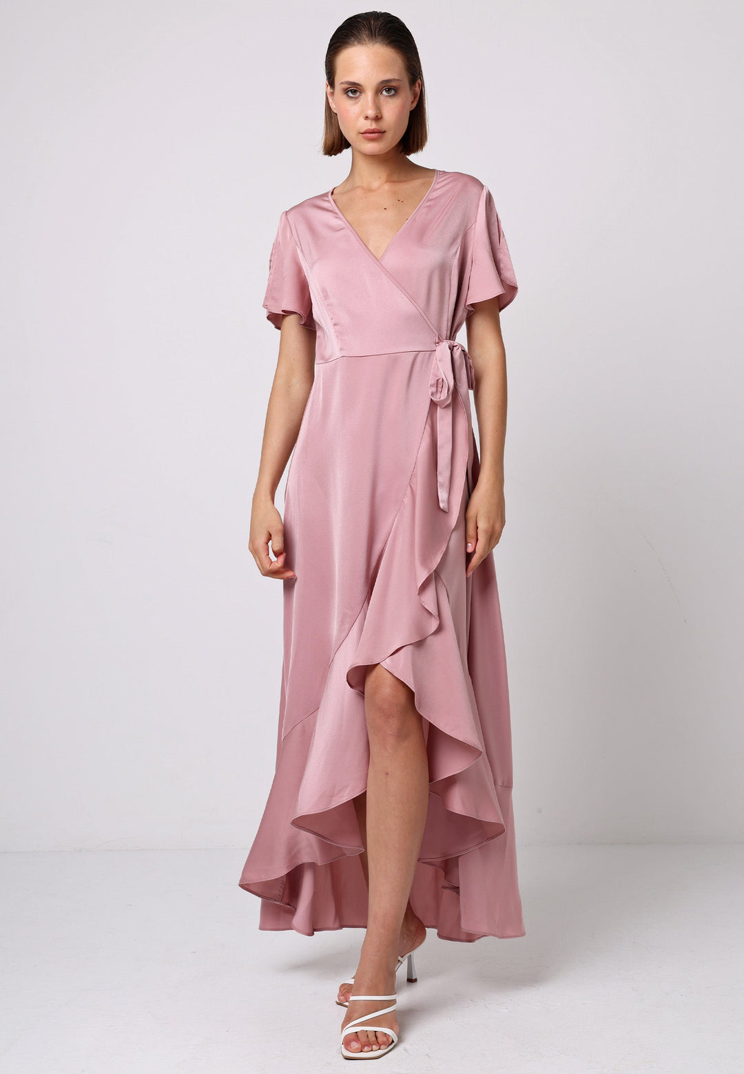 (5P. PACK) Satin Ruffle Wrap Midi Dress in Dusty Pink - jqwholesale.com