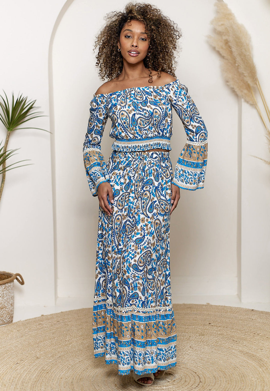 (3P.PACK) Boho Co-ord Bardot Top and Maxi Skirt Set in Blue Paisley Print - jqwholesale.com