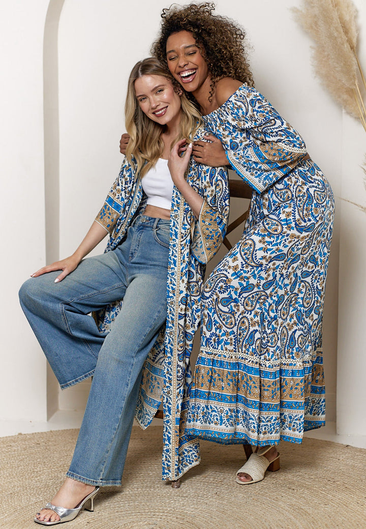 (3P.PACK) Boho Co-ord Bardot Top and Maxi Skirt Set in Blue Paisley Print - jqwholesale.com