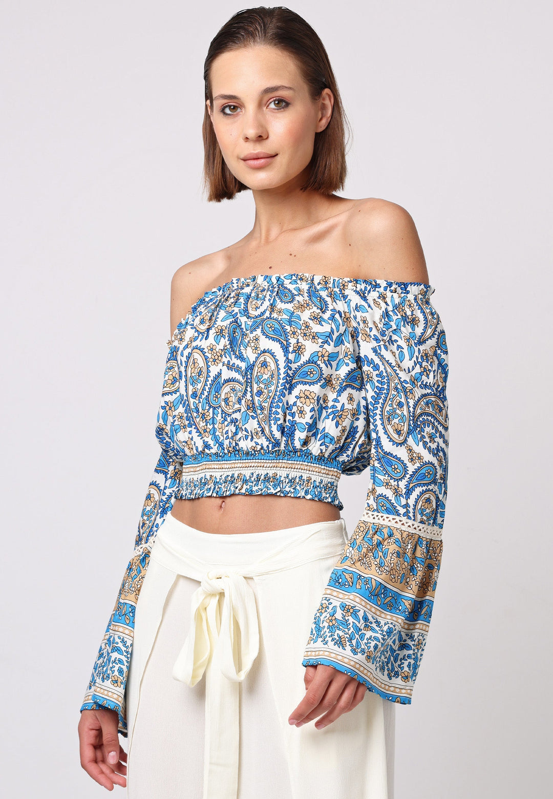(3P.PACK) Boho Co-ord Bardot Top and Maxi Skirt Set in Blue Paisley Print - jqwholesale.com