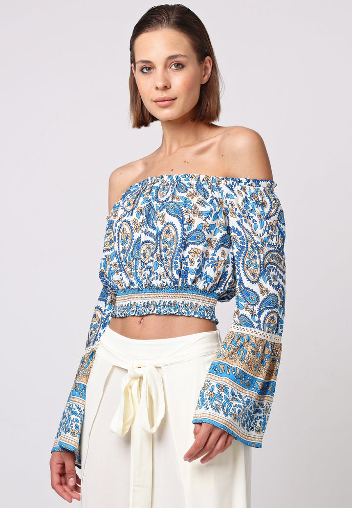 (3P.PACK) Boho Co-ord Bardot Top and Maxi Skirt Set in Blue Paisley Print - jqwholesale.com