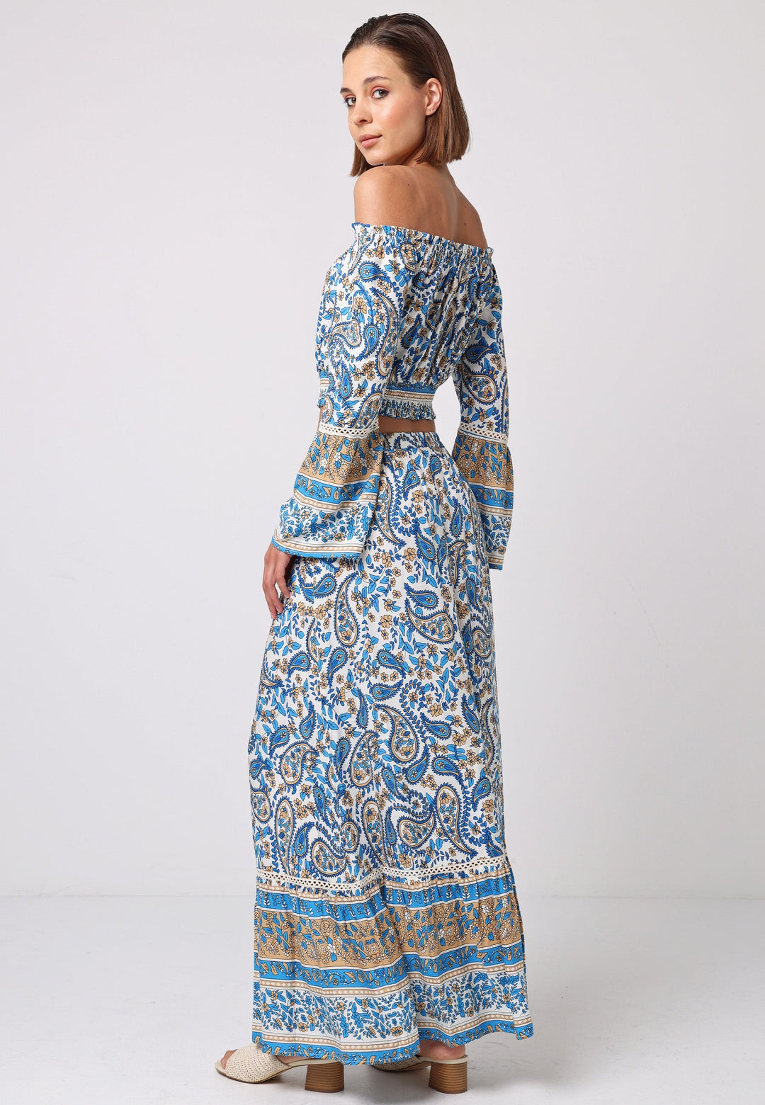 (3P.PACK) Boho Co-ord Bardot Top and Maxi Skirt Set in Blue Paisley Print - jqwholesale.com