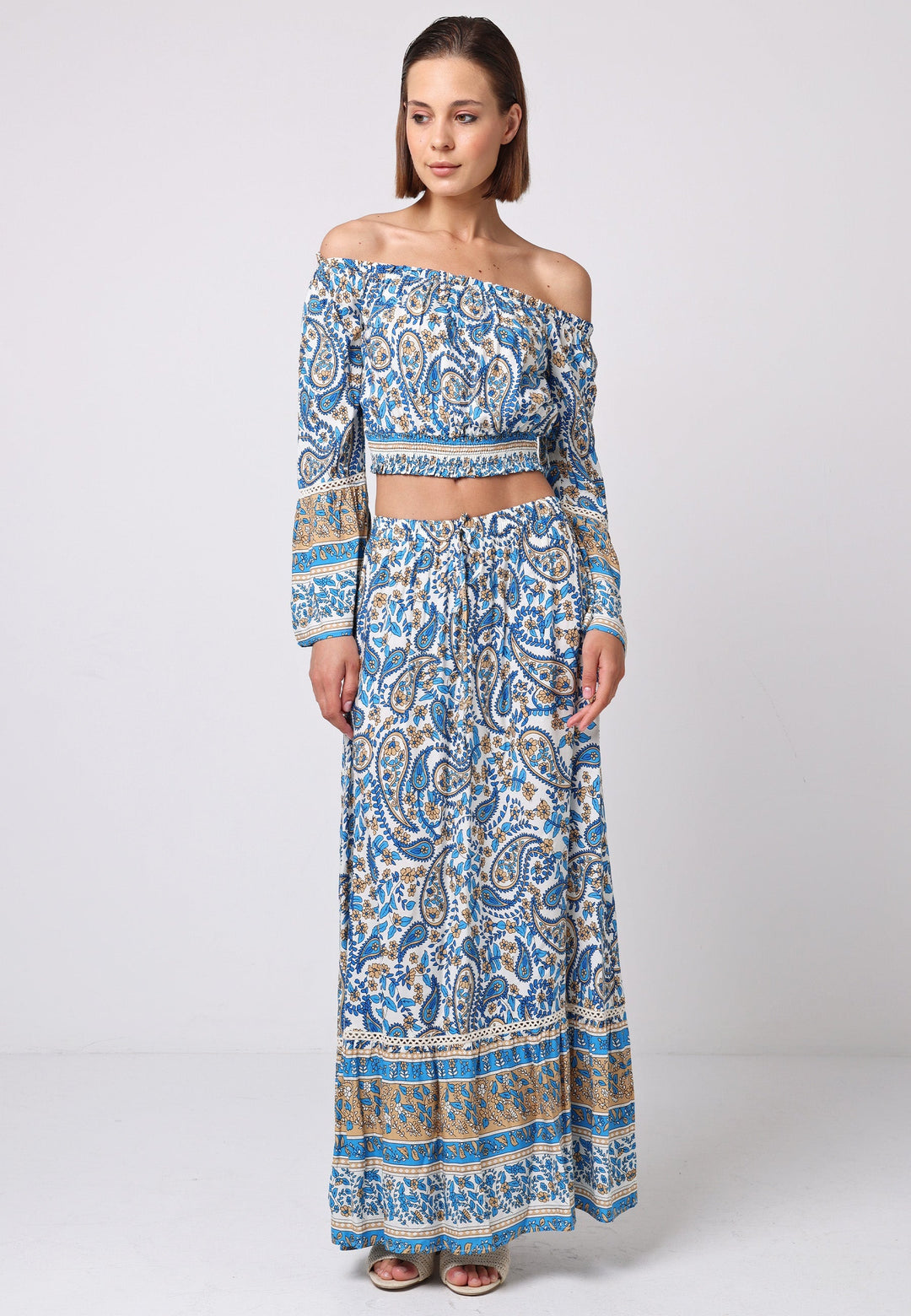 (3P.PACK) Boho Co-ord Bardot Top and Maxi Skirt Set in Blue Paisley Print - jqwholesale.com