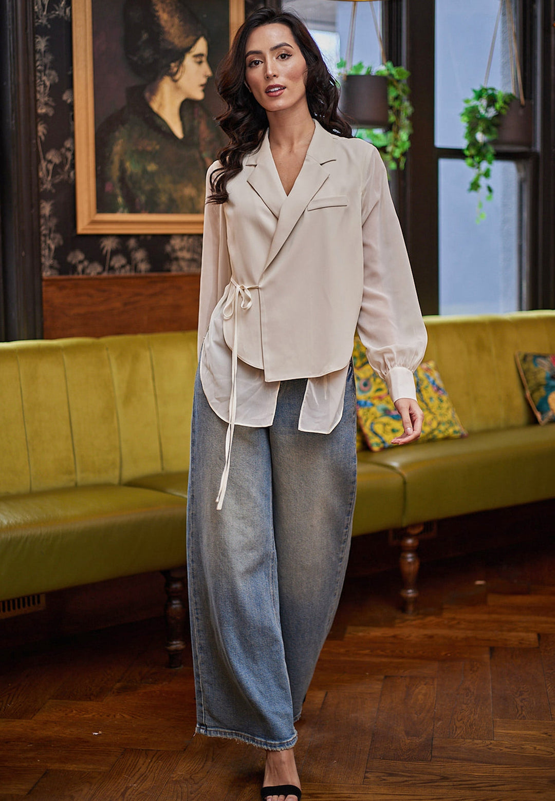 (5P.PACK) Side Tie Wrap Layered Blouse with Sheer Sleeve in Cream - jqwholesale.com