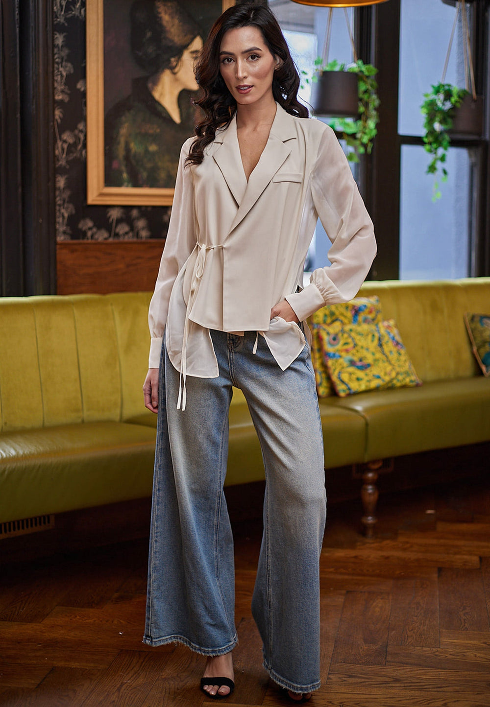 (5P.PACK) Side Tie Wrap Layered Blouse with Sheer Sleeve in Cream - jqwholesale.com