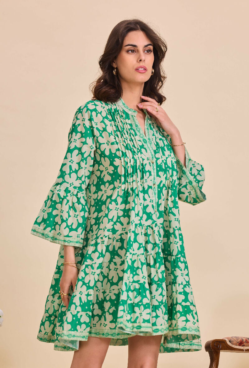 Short A-line dress in printed cotton- Light green