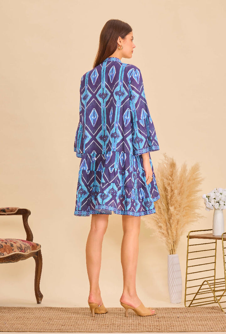 Short A-line dress in printed cotton- Navy