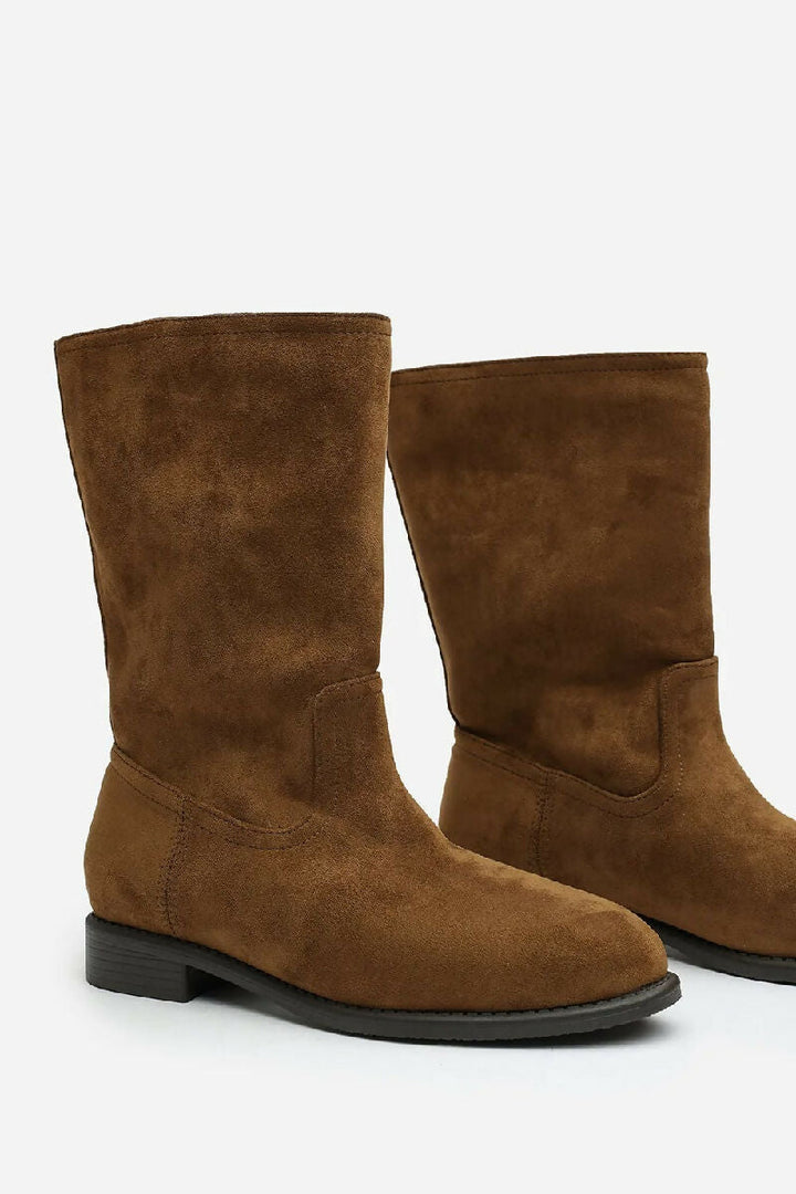 Khaki Suede Designer Calf High Flat Boot (PACK OF 12 PAIRS UK3-UK8) - jqwholesale.com