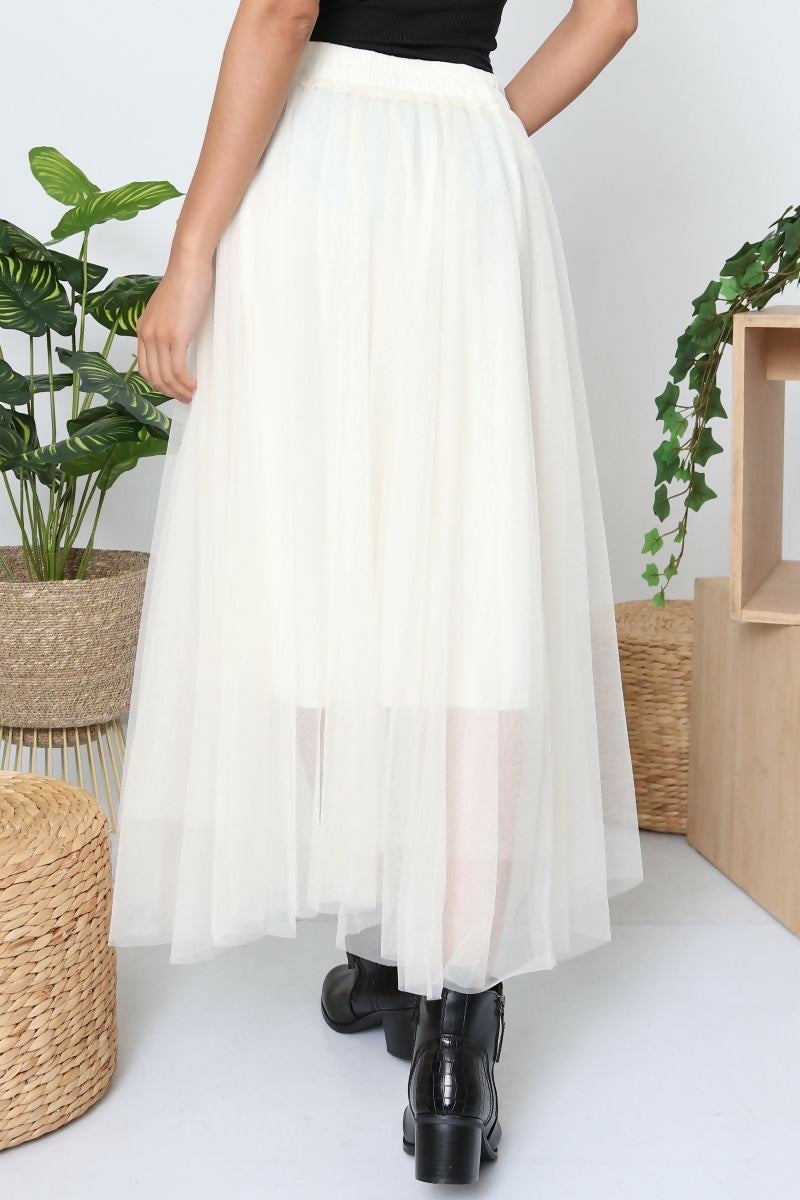 White tulle mid-length skirt - Beige