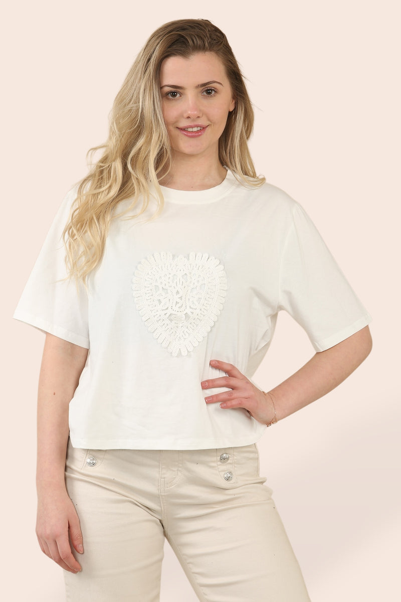 (2P.PACK) Crochet Heart Detail Cotton T-Shirt - jqwholesale.com