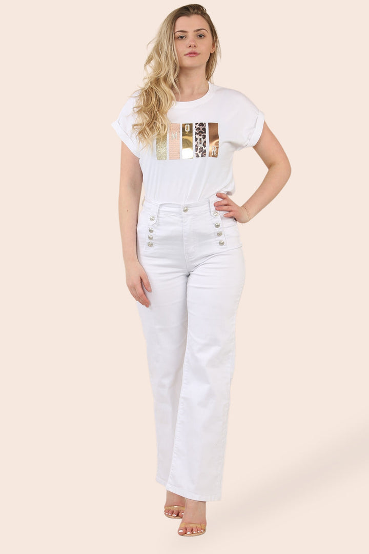 (5P.PACK) Wide Leg WHITE Silver Button Fly Front Voggo Jeans - jqwholesale.com