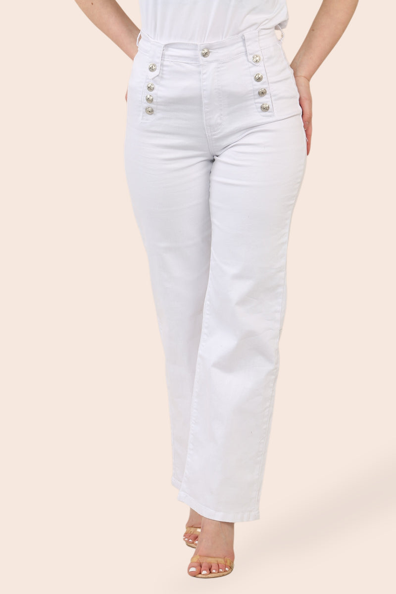 (5P.PACK) Wide Leg WHITE Silver Button Fly Front Voggo Jeans - jqwholesale.com