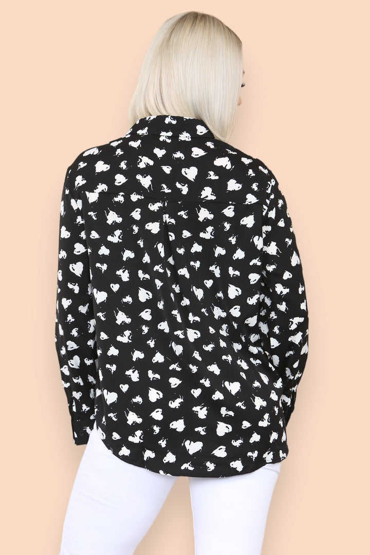 (4P. PACK) Black & White Contrast Heart Sateen Shirt - jqwholesale.com
