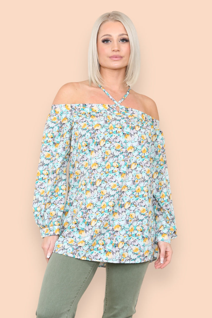 Green Floral Halter Neck Blouse Top - jqwholesale.com