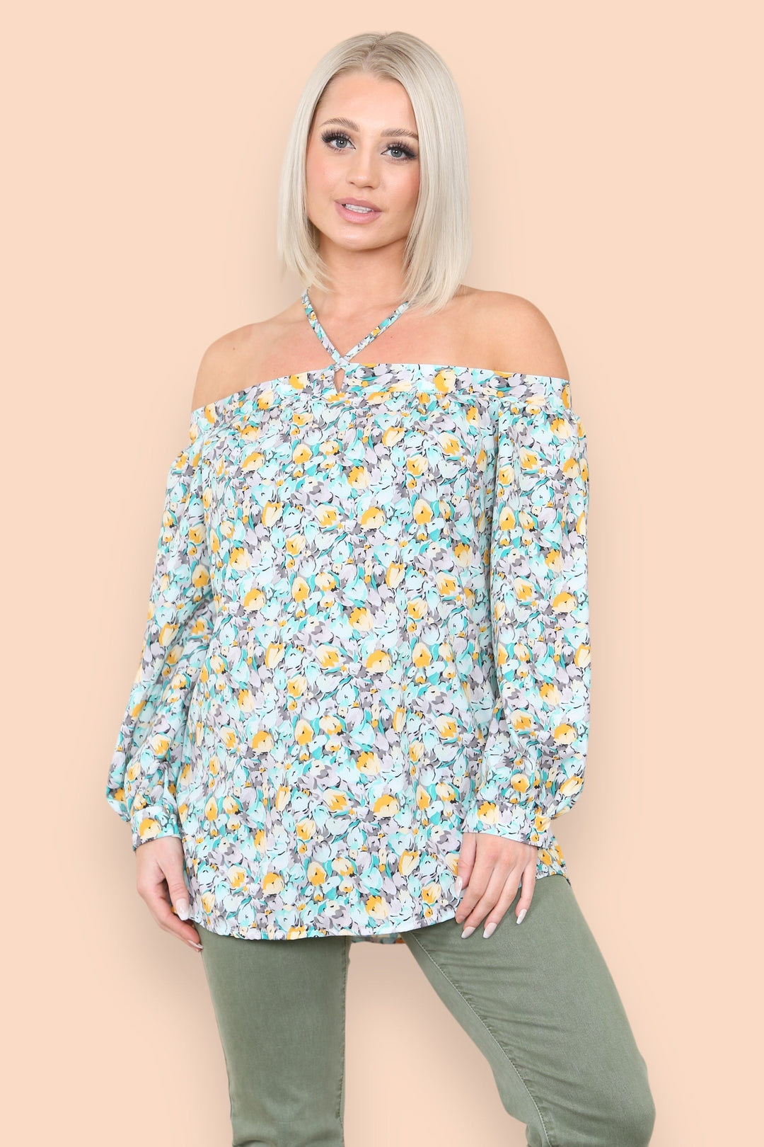 Green Floral Halter Neck Blouse Top - jqwholesale.com