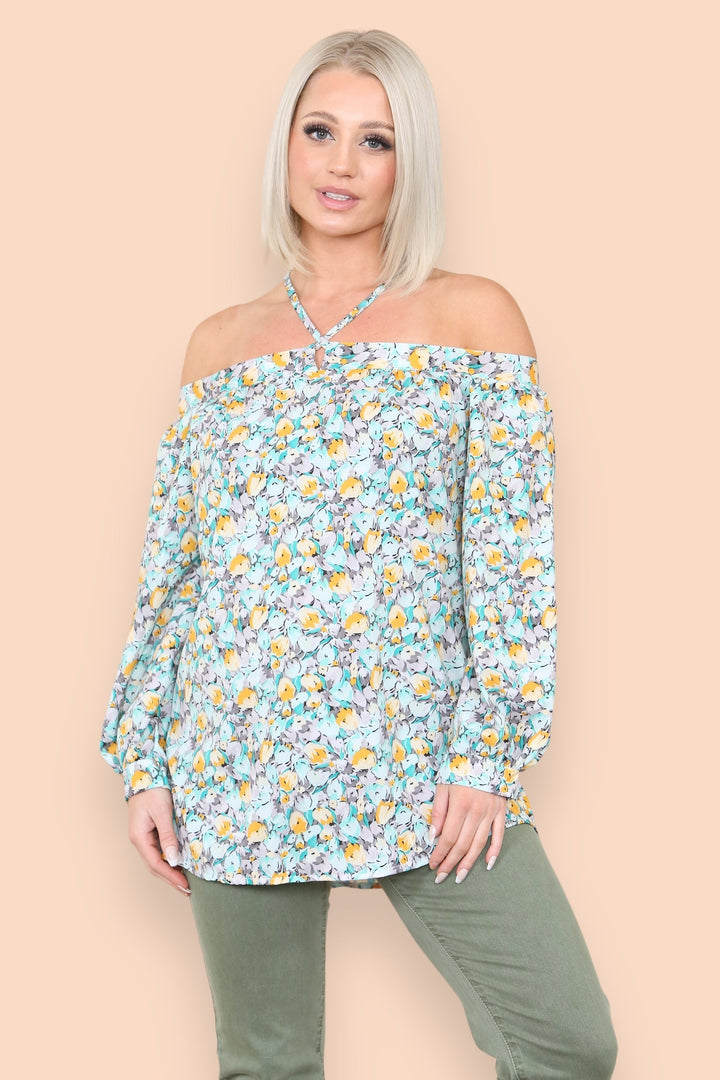 Green Floral Halter Neck Blouse Top - jqwholesale.com