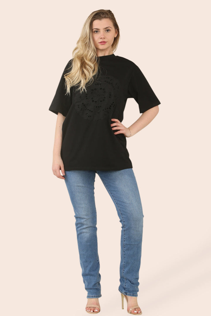 (2P.PACK) Embroidery Lace Circle Cotton T-Shirt Tunic - jqwholesale.com