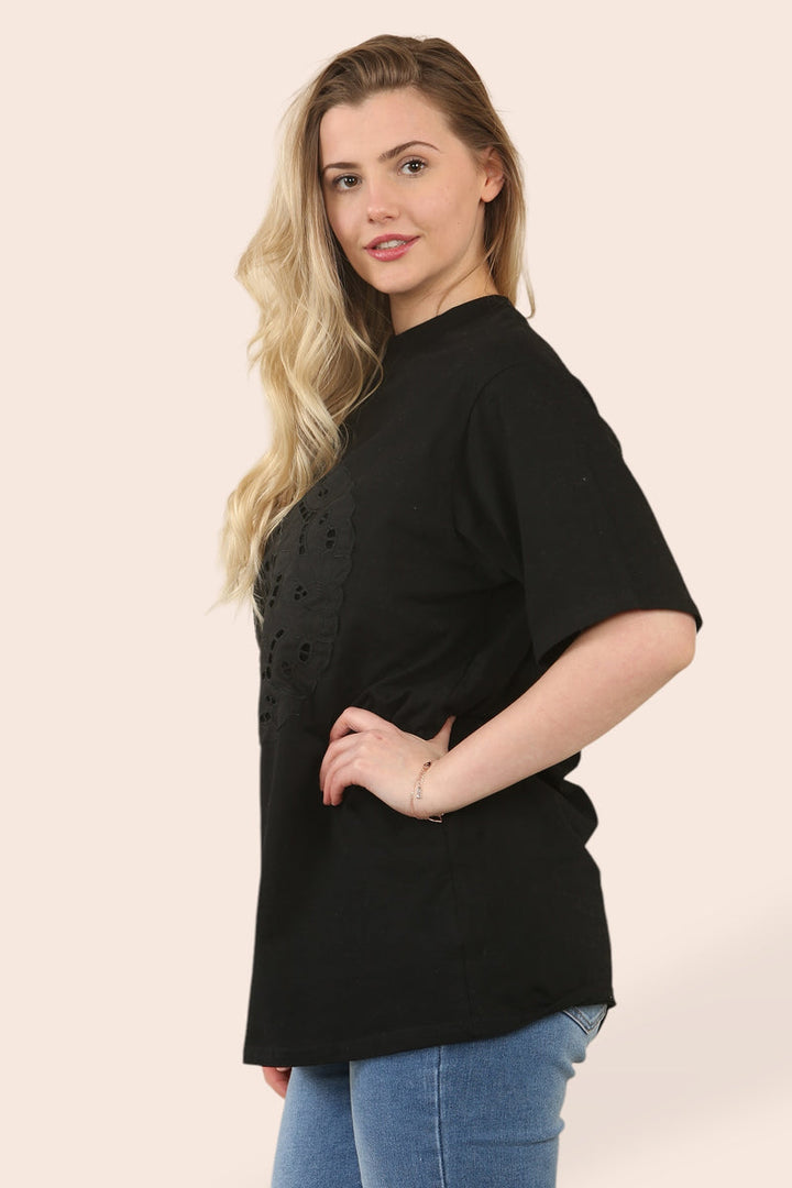 (2P.PACK) Embroidery Lace Circle Cotton T-Shirt Tunic - jqwholesale.com