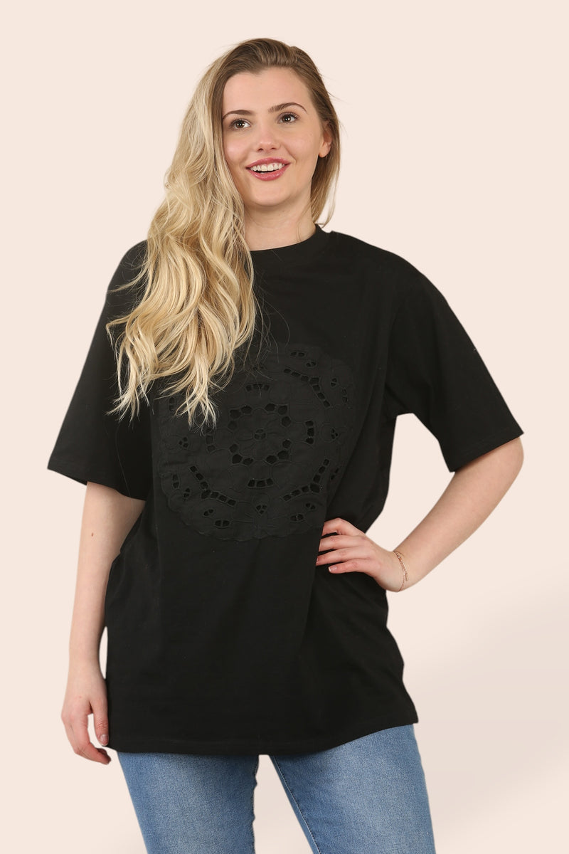 (2P.PACK) Embroidery Lace Circle Cotton T-Shirt Tunic - jqwholesale.com