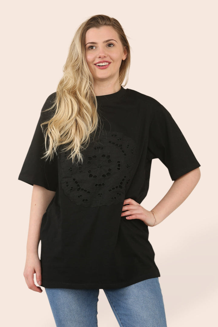 (2P.PACK) Embroidery Lace Circle Cotton T-Shirt Tunic - jqwholesale.com