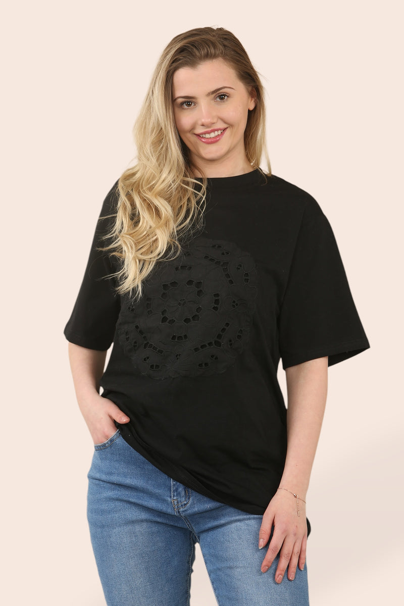 (2P.PACK) Embroidery Lace Circle Cotton T-Shirt Tunic - jqwholesale.com